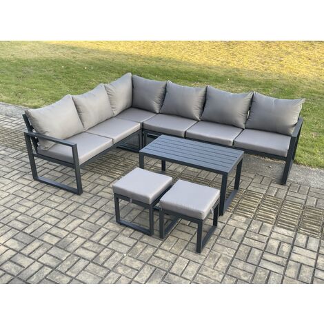 Fimous Aluminium Garden Furniture Set Outdoor Indoor Lounge Corner Sofa Oblong Coffee Table Sets with 2 Small Footstools Dark Grey