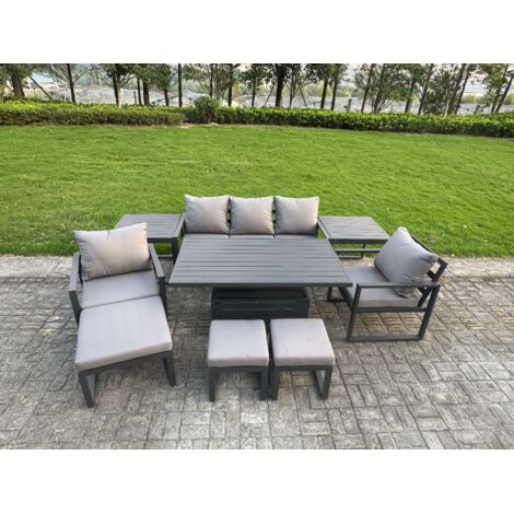 Fimous Aluminium Garden Furniture Sets 8 Seater Outdoor Sofa Set with Adjustable Rising Lifting Dining Table 2 Chairs 3 Footstools 2 Side Tables
