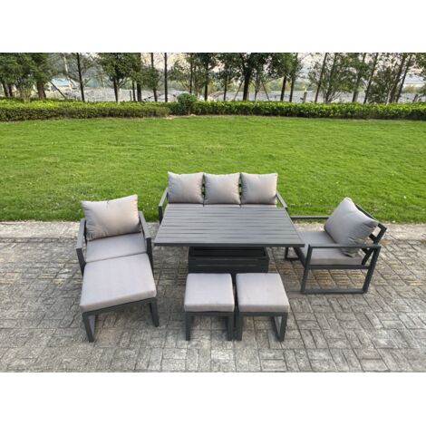 Fimous Aluminium Garden Furniture Sets 8 Seater Outdoor Sofa Set with Adjustable Rising Lifting Dining Table 2 Chairs 3 Footstools