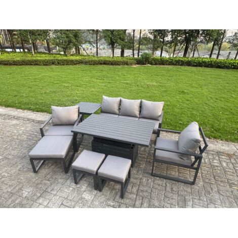 Fimous Aluminium Garden Furniture Sets 8 Seater Outdoor Sofa Set with Adjustable Rising Lifting Dining Table 2 Chairs 3 Footstools Side Table
