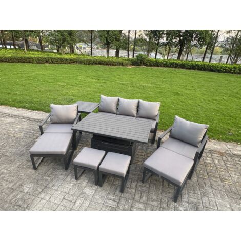 Fimous Aluminium Garden Furniture Sets 9 Seater Outdoor Sofa Set with Adjustable Rising Lifting Dining Table 2 Chairs 4 Footstools Side Table