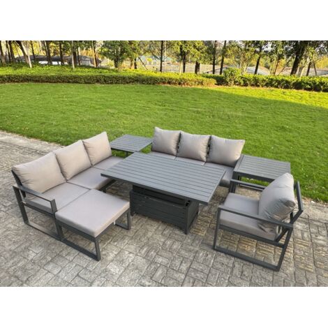 Fimous Aluminium Garden Furniture Sets,8 Seater Outdoor Sofa Dining Set with Adjustable Rising Lifting Dining Table 2 Side Tables Big Footstool for Yard,Poolside, Patio, Dark Grey
