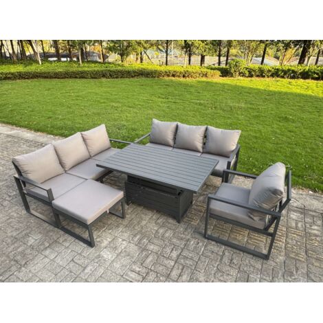 Fimous Aluminium Garden Furniture Sets,8 Seater Outdoor Sofa Dining Set with Adjustable Rising Lifting Dining Table Big Footstool for Yard,Poolside, Patio, Dark Grey