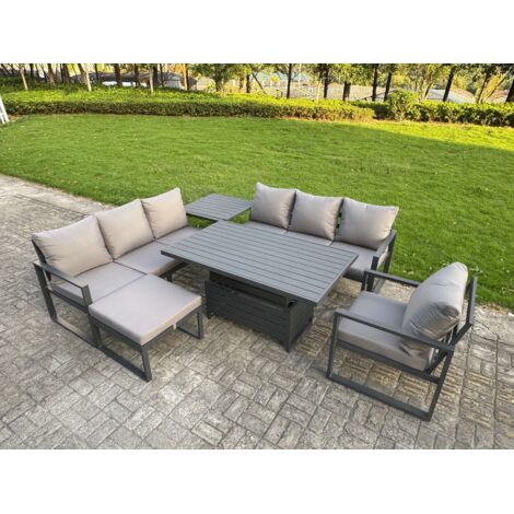 Fimous Aluminium Garden Furniture Sets,8 Seater Outdoor Sofa Dining Set with Adjustable Rising Lifting Dining Table Side Table Big Footstool for Yard,Poolside, Patio, Dark Grey