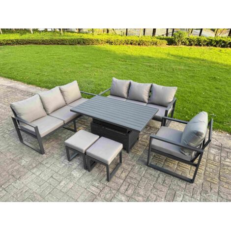 Fimous Aluminium Garden Furniture Sets,9 Seater Outdoor Sofa Dining Set with Adjustable Rising Lifting Dining Table 2 Small Footstools for Yard,Poolside, Patio, Dark Grey
