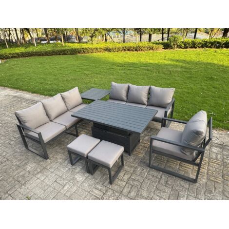 Fimous Aluminium Garden Furniture Sets,9 Seater Outdoor Sofa Dining Set with Adjustable Rising Lifting Dining Table Side Table 2 Small Footstools for Yard,Poolside, Patio, Dark Grey