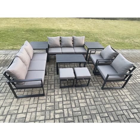 Fimous Aluminium Outdoor Garden Furniture Lounge Sofa 2 PC Chairs Oblong Coffee Table Sets with 2 Side Tables 2 Small Footstool Dark Grey