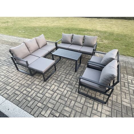 Fimous Aluminium Outdoor Garden Furniture Set 9 Seater Garden Sofa with Oblong Coffee Table Big Footstool Dark Grey