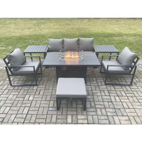Fimous Aluminium Outdoor Garden Furniture Set Gas Fire Pit Dining Table Set Gas Heater Burner with 2 Arm Chair 2 Side Tables Big Footstool Dark Grey 6 Seater