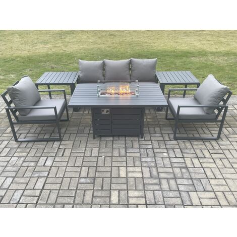 Fimous Aluminium Outdoor Garden Furniture Set Gas Fire Pit Dining Table Set Gas Heater Burner with 2 Arm Chair 2 Side Tables Dark Grey 5 Seater