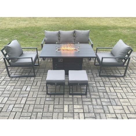 Fimous Aluminium Outdoor Garden Furniture Set Gas Fire Pit Dining Table Set Gas Heater Burner with 2 Arm Chair 2 Small Footstools Dark Grey 7 Seater