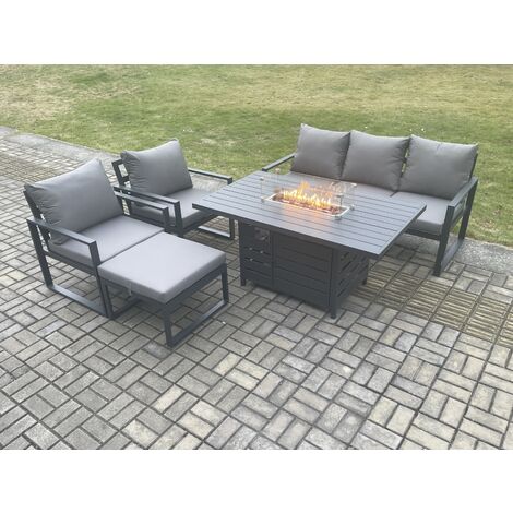 Fimous Aluminium Outdoor Garden Furniture Set Gas Fire Pit Dining Table Set Gas Heater Burner with 2 Arm Chair Big Footstool Dark Grey 6 Seater