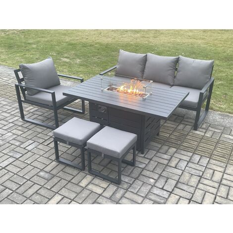 Fimous Aluminium Outdoor Garden Furniture Set Gas Fire Pit Dining Table Set Gas Heater Burner with 2 Small Footstools Dark Grey 6 Seater