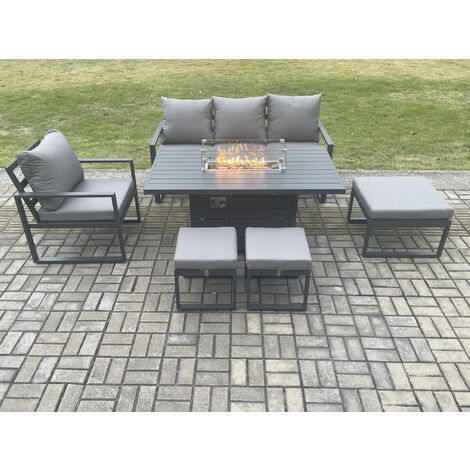 Fimous Aluminium Outdoor Garden Furniture Set Gas Fire Pit Dining Table Set Gas Heater Burner with 3 Footstools Dark Grey 7 Seater