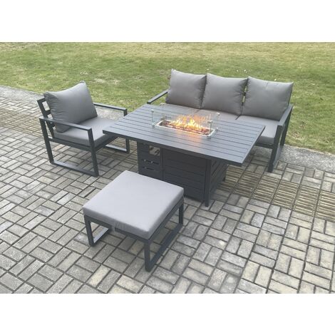 Fimous Aluminium Outdoor Garden Furniture Set Gas Fire Pit Dining Table Set Gas Heater Burner with Big Footstool Dark Grey 5 Seater