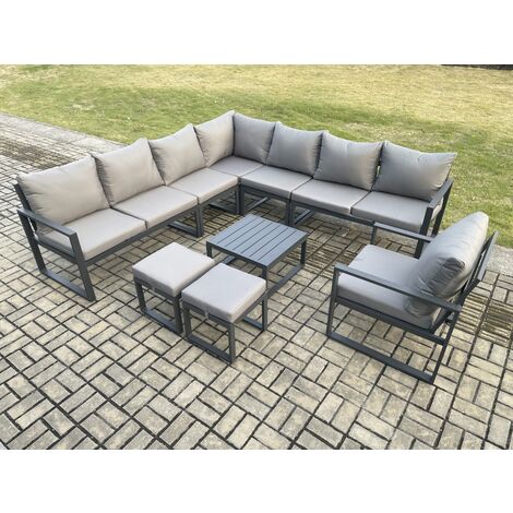 Fimous Aluminium Outdoor Garden Furniture Set Lounge Corner Sofa Chair Square Coffee Table Sets with 2 Small Footstools Dark Grey