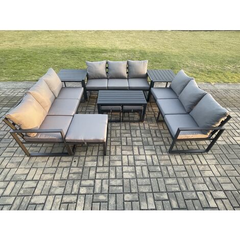 Fimous Aluminium Outdoor Garden Furniture Set Lounge Sofa Oblong Coffee Table 3 Footstools 2 Side Tables Sets with Cushions Dark Grey 12 Seater