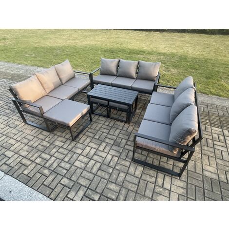 Fimous Aluminium Outdoor Garden Furniture Set Lounge Sofa Oblong Coffee Table 3 Footstools Sets with Cushions Dark Grey 12 Seater