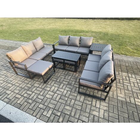 Fimous Aluminium Outdoor Garden Furniture Set Lounge Sofa Oblong Coffee Table 3 Footstools Side Table Sets with Cushions Dark Grey 12 Seater