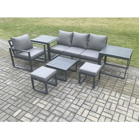 Fimous Aluminium Outdoor Garden Furniture Set Patio Lounge Sofa Chair Set with Square Coffee Table 2 Side Tables 2 Small Footstools Conservatory Set Dark Grey