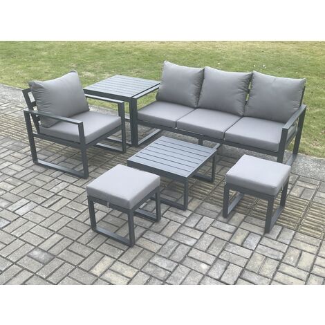 Fimous Aluminium Outdoor Garden Furniture Set Patio Lounge Sofa Chair Set with Square Coffee Table Side Table 2 Small Footstools Conservatory Set Dark Grey