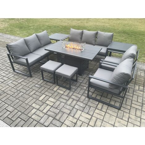 Fimous Aluminium Outdoor Garden Furniture Set Patio Lounge Sofa Gas Fire Pit Dining Table Set with 2 Small Footstools 2 Side Tables Dark Grey