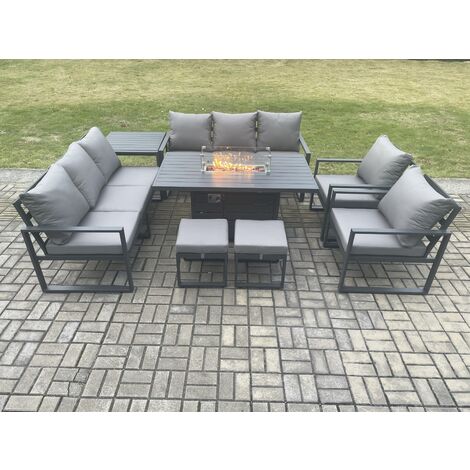 Fimous Aluminium Outdoor Garden Furniture Set Patio Lounge Sofa Gas Fire Pit Dining Table Set with 2 Small Footstools Side Table Dark Grey