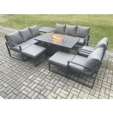 Fimous Aluminium Outdoor Garden Furniture Set Patio Lounge Sofa Gas Fire Pit Dining Table Set with Side Table 2 Big Footstools Dark Grey