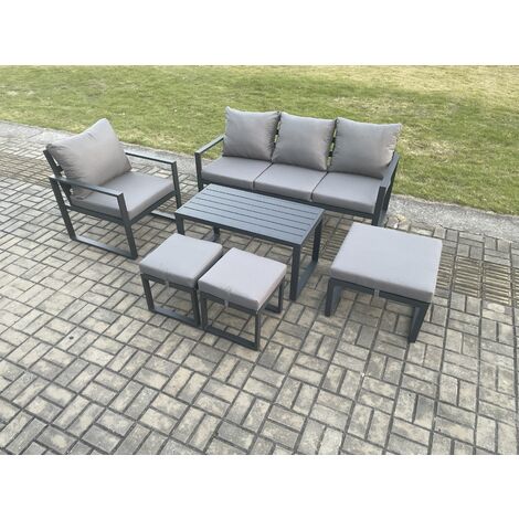 Fimous Aluminium Outdoor Garden Furniture Set Patio Lounge Sofa with Oblong Coffee Table 3 Footstools Armchair Dark Grey