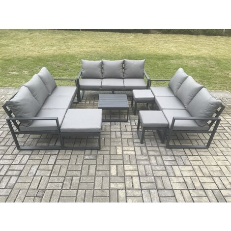 Fimous Aluminium Outdoor Garden Furniture Set Patio Lounge Sofa with Square Coffee Table 3 Footstools Conservatory Set Dark Grey