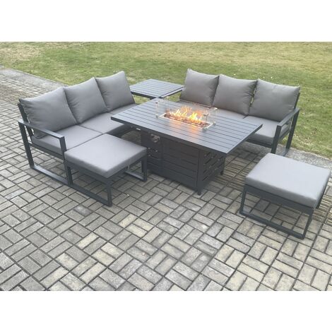 Fimous Aluminium Outdoor Lounge Sofa Garden Furniture Sets Gas Fire Pit Dining Table Set with 2 Big Footstools Side Table Dark Grey