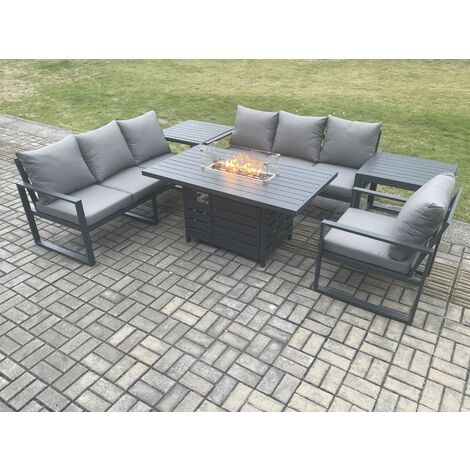 Fimous Aluminium Outdoor Lounge Sofa Garden Furniture Sets Gas Fire Pit Dining Table Set with 2 Side Tables Dark Grey