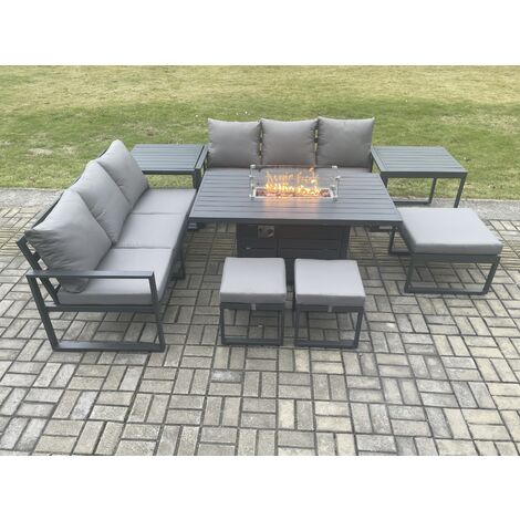 Fimous Aluminium Outdoor Lounge Sofa Garden Furniture Sets Gas Fire Pit Dining Table Set with 3 Footstools 2 Side Tables Dark Grey