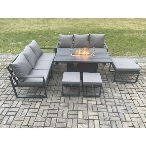 Fimous Aluminium Outdoor Lounge Sofa Garden Furniture Sets Gas Fire Pit Dining Table Set with 3 Footstools Dark Grey