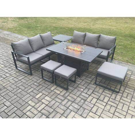 Fimous Aluminium Outdoor Lounge Sofa Garden Furniture Sets Gas Fire Pit Dining Table Set with 3 Footstools Side Table Dark Grey
