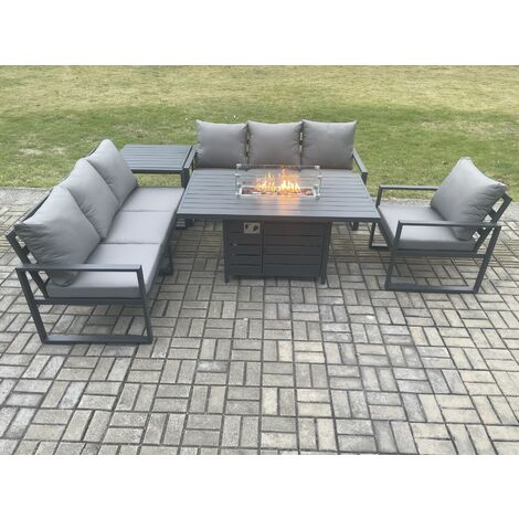 Fimous Aluminium Outdoor Lounge Sofa Garden Furniture Sets Gas Fire Pit Dining Table Set with Side Table Dark Grey