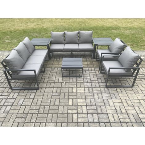 Fimous Aluminium Outdoor Lounge Sofa Set Garden Furniture Sets with Square Coffee Table 2 Chairs 2 Side Tables Dark Grey 8 Seater