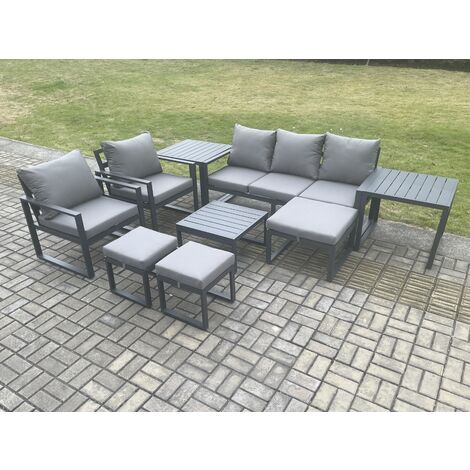Fimous Aluminium Outdoor Lounge Sofa Set Garden Furniture Sets with Square Coffee Table 2 Chairs 3 Footstools 2 Side Tables Dark Grey 8 Seater