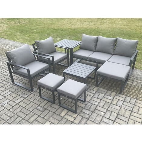 Fimous Aluminium Outdoor Lounge Sofa Set Garden Furniture Sets with Square Coffee Table 2 Chairs 3 Footstools Side Table Dark Grey 8 Seater