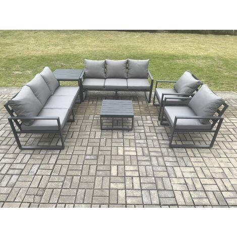 Fimous Aluminium Outdoor Lounge Sofa Set Garden Furniture Sets with Square Coffee Table 2 Chairs Side Table Dark Grey 8 Seater