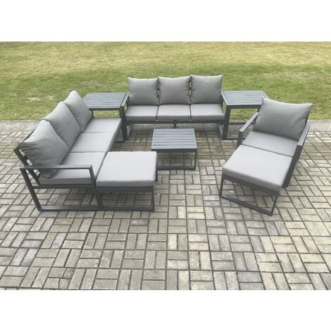 Fimous Aluminium Outdoor Lounge Sofa Set Garden Furniture Sets with Square Coffee Table Chair 2 Big Footstools 2 Side Tables Dark Grey