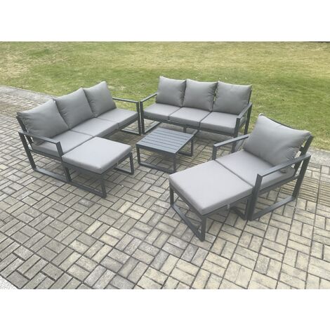 Fimous Aluminium Outdoor Lounge Sofa Set Garden Furniture Sets with Square Coffee Table Chair 2 Big Footstools Dark Grey