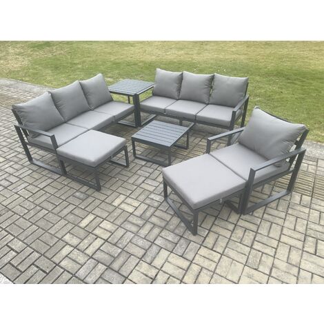 Fimous Aluminium Outdoor Lounge Sofa Set Garden Furniture Sets with Square Coffee Table Chair 2 Big Footstools Side Table Dark Grey