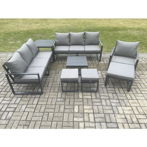 Fimous Aluminium Outdoor Lounge Sofa Set Garden Furniture Sets with Square Coffee Table Chair 3 Footstools Side Table Dark Grey