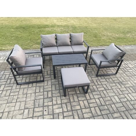 Fimous Aluminium Patio Outdoor Furniture Set 6 Seater Garden Sofa with Oblong Coffee Table Big Footstool 2 Armchairs Dark Grey