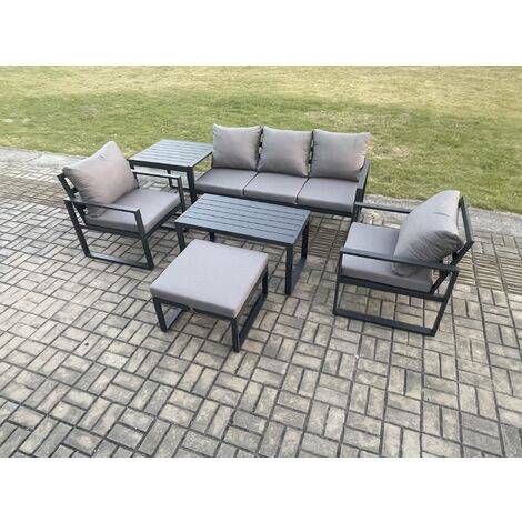 Fimous Aluminium Patio Outdoor Furniture Set 6 Seater Garden Sofa with Oblong Coffee Table Big Footstool 2 Armchairs Side Table Dark Grey