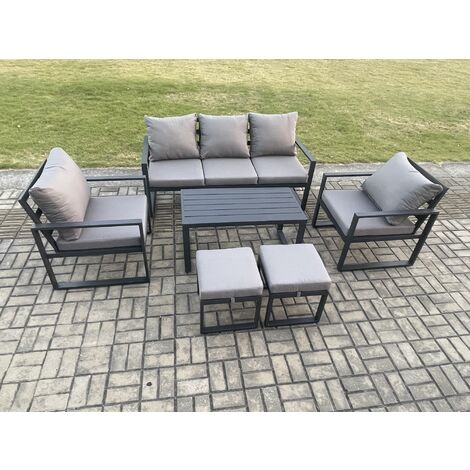 Fimous Aluminium Patio Outdoor Furniture Set 7 Seater Garden Sofa with Oblong Coffee Table 2 Small Footstools 2 Armchairs Dark Grey