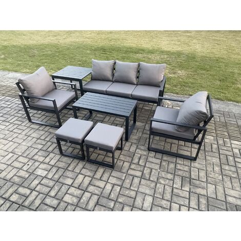 Fimous Aluminium Patio Outdoor Furniture Set 7 Seater Garden Sofa with Oblong Coffee Table 2 Small Footstools 2 Armchairs Side Table Dark Grey