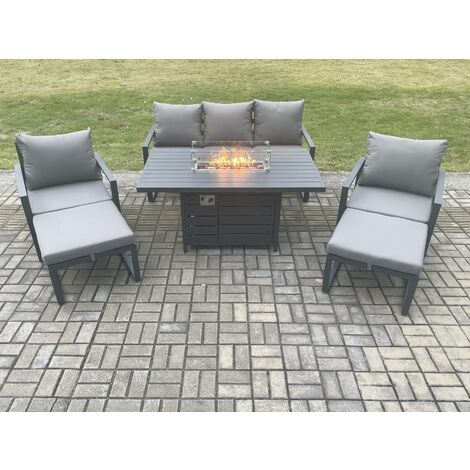 Fimous Aluminium Patio Outdoor Garden Furniture Lounge Sofa Set Gas Fire Pit Dining Table with 2 Big Footstools Dark Grey