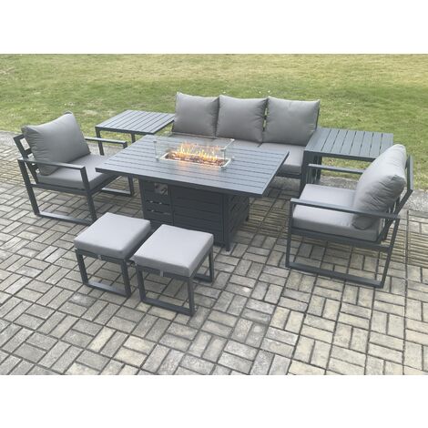 Fimous Aluminium Patio Outdoor Garden Furniture Lounge Sofa Set Gas Fire Pit Dining Table with 2 Side Tables 2 Small Footstools Dark Grey